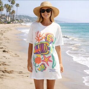Vtg 90 Single Stitch OP Colorful Embroidered Ocean Aquarium T Shirt Dress/ Tunic